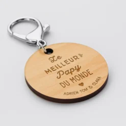 New HappyBulle Porte-clés personnalisé prénoms médaille gravée bois ronde 50 mm "Le meilleur Papy du monde"