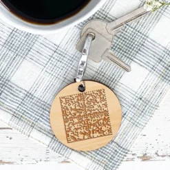 Sale HappyBulle Porte-clés QR Code personnalisé gravé bois médaille ronde 50 mm