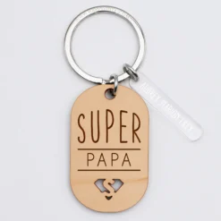 Clearance HappyBulle Porte-clés "Super papa" personnalisé gravé bois médaille ovale 55x35 mm et breloque acrylique 40x8 mm