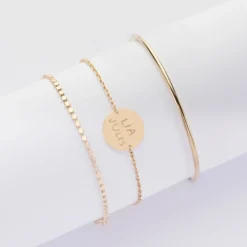 Discount HappyBulle Trio bracelets personnalisés Jonc, Pastille et Chaine médaille gravée plaqué or 15 mm