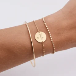 Discount HappyBulle Trio bracelets personnalisés Jonc, Pastille et Chaine médaille gravée plaqué or 15 mm