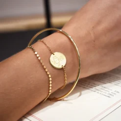 Discount HappyBulle Trio bracelets personnalisés Jonc, Pastille et Chaine médaille gravée plaqué or 15 mm