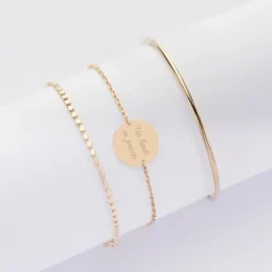 Discount HappyBulle Trio bracelets personnalisés Jonc, Pastille et Chaine médaille gravée plaqué or 15 mm